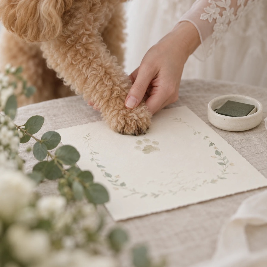 花嫁が手を添えて、トイプードルの肉球で結婚証明書にスタンプする場面